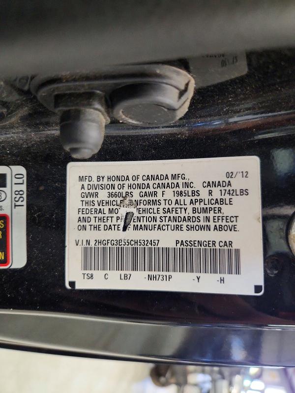 2012 Honda Civic მანქანა იყიდება აუქციონზე, vin: 2HGFG3B55CH532457, აუქციონის ნომერი: 66969986