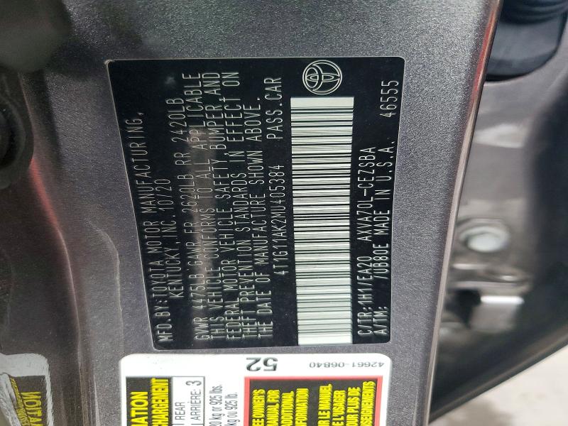 Продаж на аукціоні авто 2021 Toyota Camry, vin: 4T1G11AK2MU405384, номер лоту: 65808906
