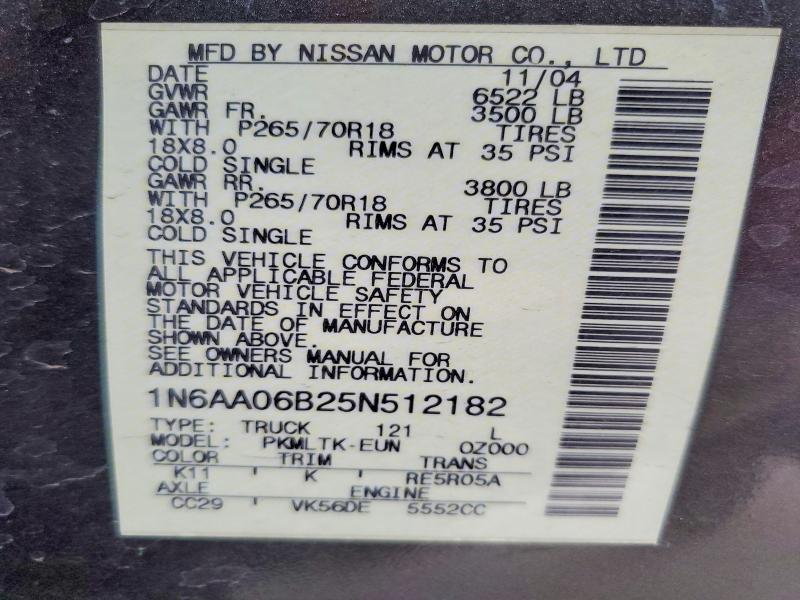 Продажа на аукционе авто 2005 Nissan Titan, vin: 1N6AA06B25N512182, номер лота: 64032356
