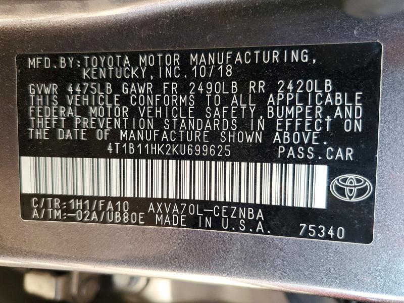 Продажа на аукционе авто 2019 Toyota Camry, vin: 4T1B11HK2KU699625, номер лота: 65032066