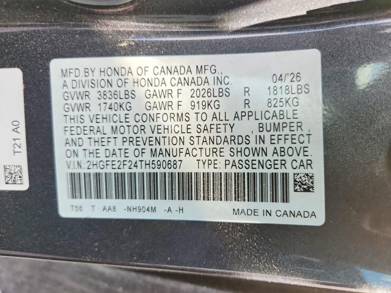 Продажа на аукционе авто 2026 Honda Civic, vin: 2HGFE2F24TH590687, номер лота: 66630806
