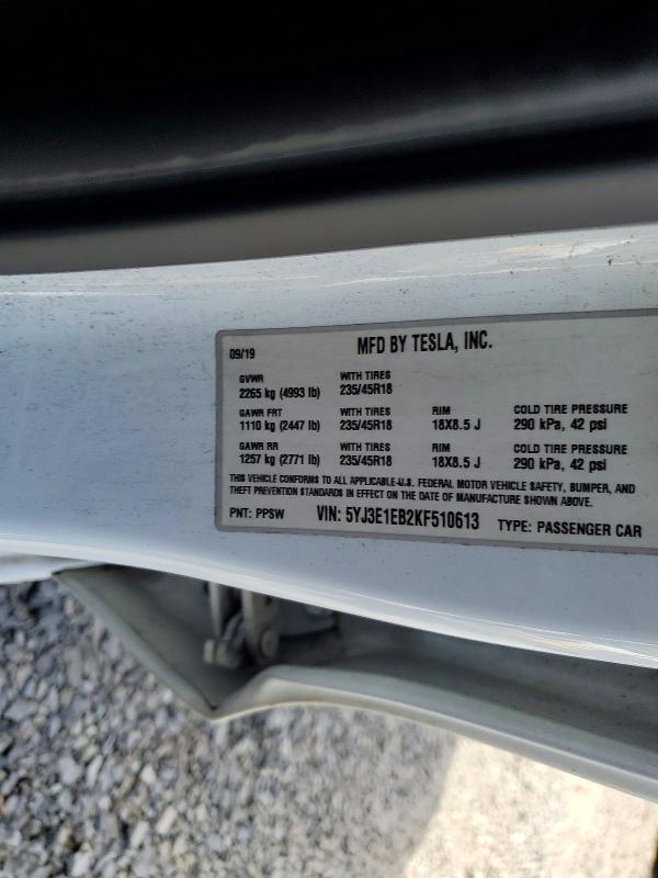 65395496 :رقم المزاد ، 5YJ3E1EB2KF510613 vin ، 2019 Tesla Model 3 مزاد بيع