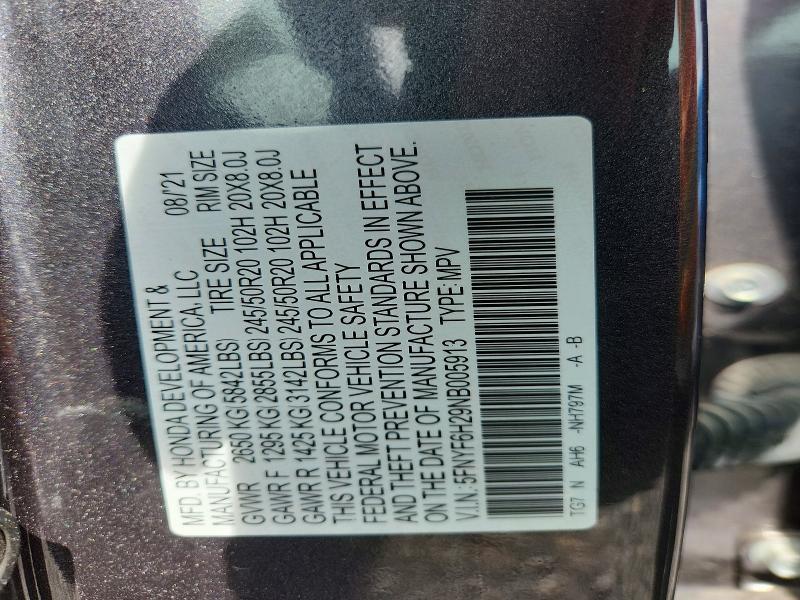 Продаж на аукціоні авто 2022 Honda Pilot, vin: 5FNYF6H29NB005913, номер лоту: 66231546