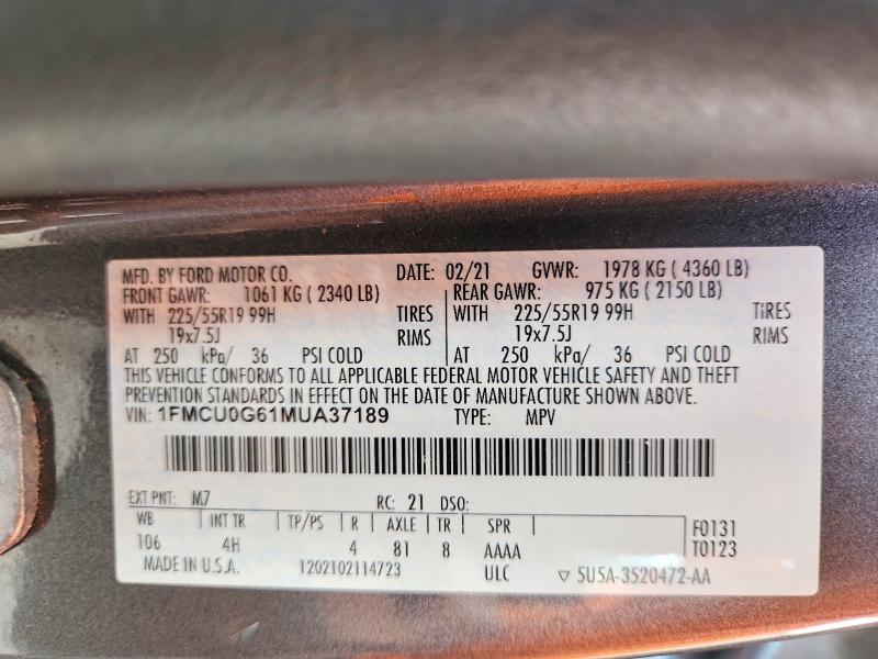 64301036 :رقم المزاد ، 1FMCU0G61MUA37189 vin ، 2021 Ford Escape مزاد بيع