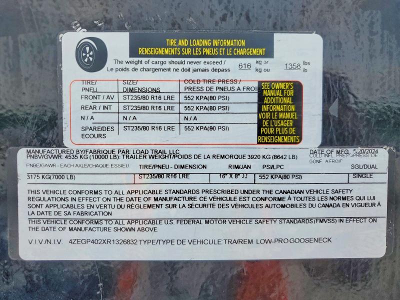 56717716 :رقم المزاد ، 4ZEGP402XR1326832 vin ، 2024 Load Trail Unknown مزاد بيع