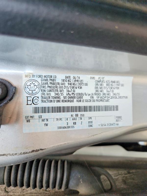 2016 Ford Focus მანქანა იყიდება აუქციონზე, vin: 1FADP3K20GL353768, აუქციონის ნომერი: 64920906
