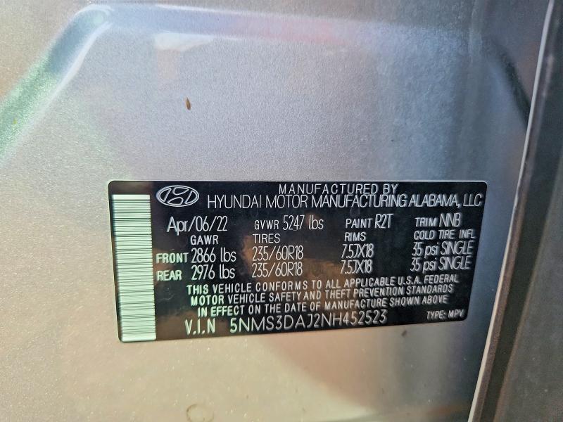 Aukcja sprzedaży 2022 Hyundai Santa Fe, vin: 5NMS3DAJ2NH452523, numer aukcji: 65714146