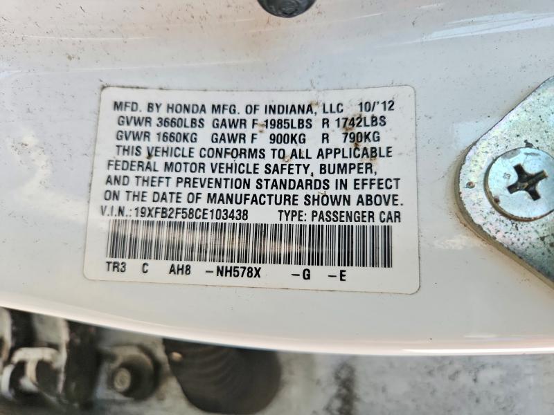 63577616 :رقم المزاد ، 19XFB2F58CE103438 vin ، 2012 Honda Civic مزاد بيع