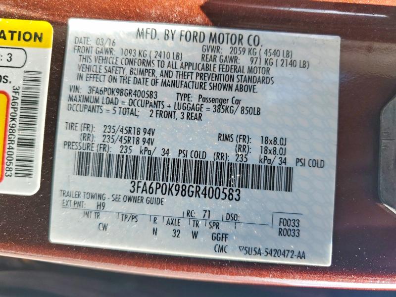 Продажа на аукционе авто 2016 Ford Fusion, vin: 3FA6P0K98GR400583, номер лота: 66551886