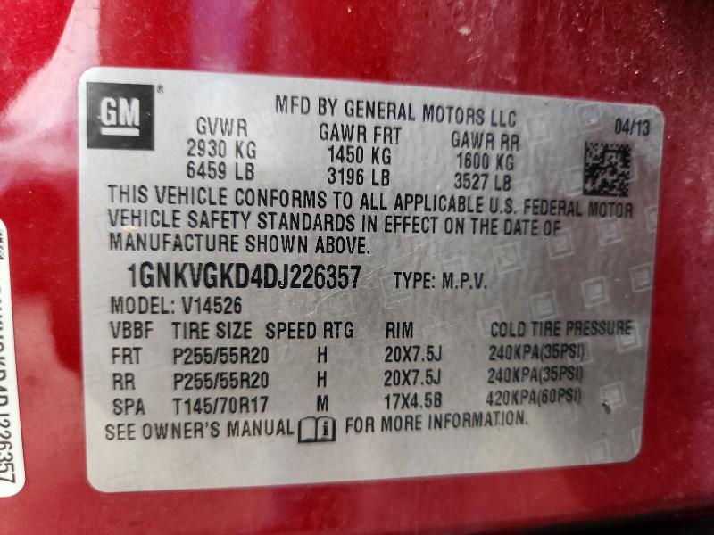 Aukcja sprzedaży 2013 Chevrolet Traverse, vin: 1GNKVGKD4DJ226357, numer aukcji: 64426696
