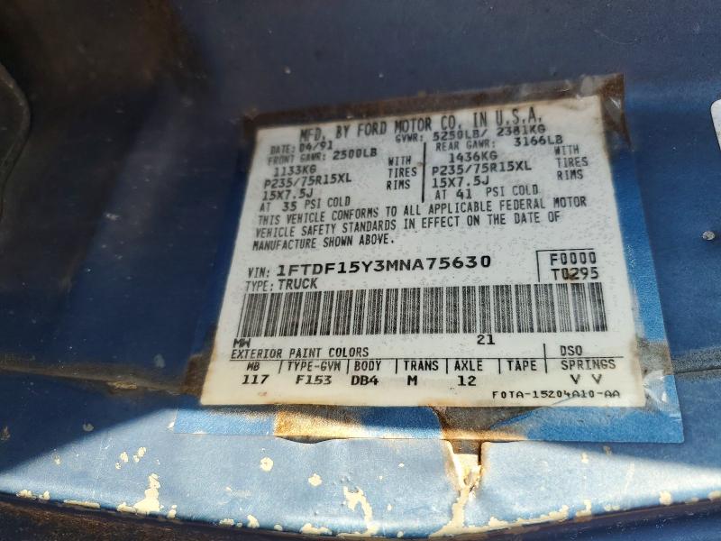 1991 Ford F150 მანქანა იყიდება აუქციონზე, vin: 1FTDF15Y3MNA75630, აუქციონის ნომერი: 66235136