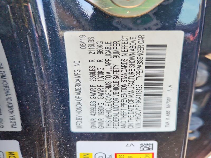 Продаж на аукціоні авто 2019 Honda Accord, vin: 1HGCV1F19KA118423, номер лоту: 63895946