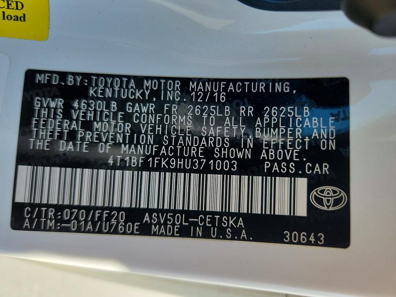 Продаж на аукціоні авто 2017 Toyota Camry, vin: 4T1BF1FK9HU371003, номер лоту: 65035706