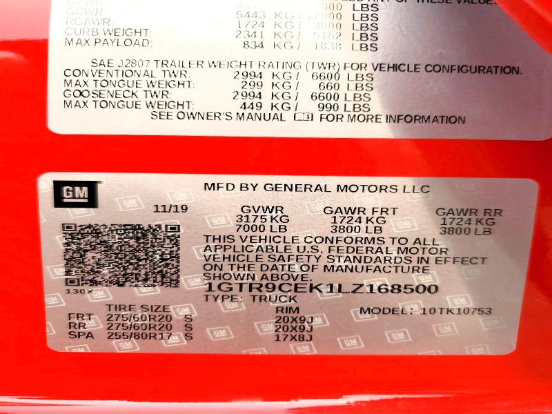 Продаж на аукціоні авто 2020 Gmc Sierra, vin: 1GTR9CEK1LZ168500, номер лоту: 64262956