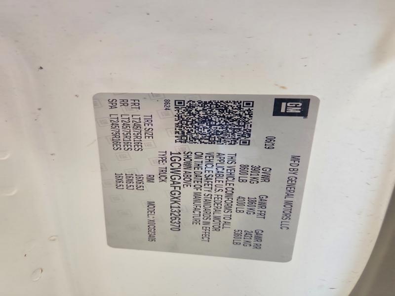 2019 Chevrolet Express G2500 მანქანა იყიდება აუქციონზე, vin: 1GCWGAFGXK1326370, აუქციონის ნომერი: 63688826