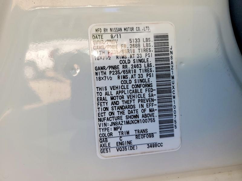 Aukcja sprzedaży 2012 Nissan Murano, vin: JN8AZ1MUXCW100755, numer aukcji: 65092406