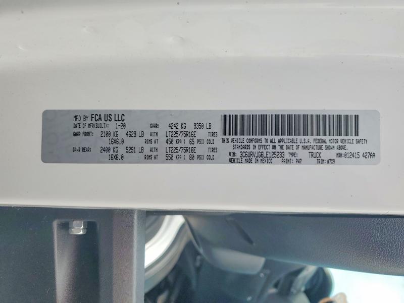 64742246 :رقم المزاد ، 3C6URVJG6LE125233 vin ، 2020 Ram Promaster 3500 مزاد بيع