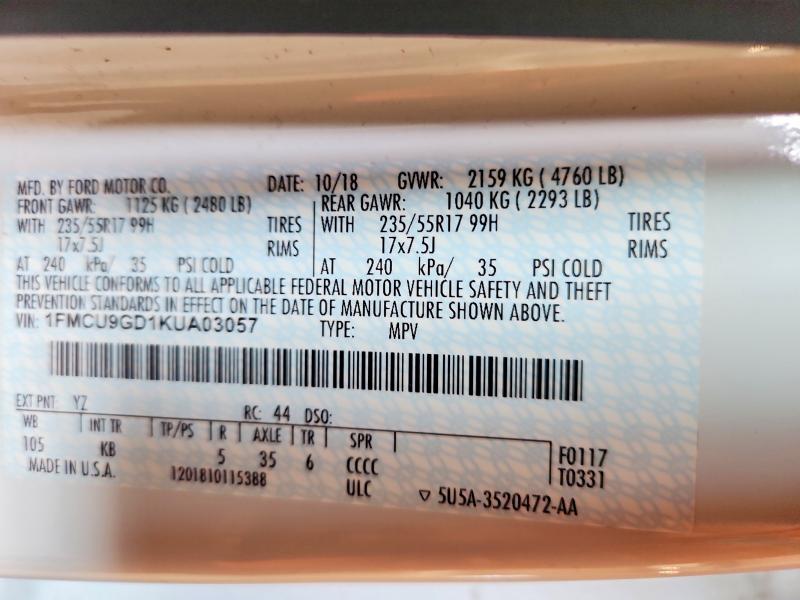2019 Ford Escape მანქანა იყიდება აუქციონზე, vin: 1FMCU9GD1KUA03057, აუქციონის ნომერი: 66218436