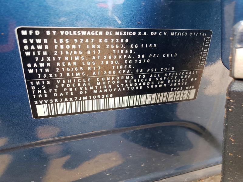 2018 Volkswagen Tiguan მანქანა იყიდება აუქციონზე, vin: 3VV3B7AX7JM105369, აუქციონის ნომერი: 64402796