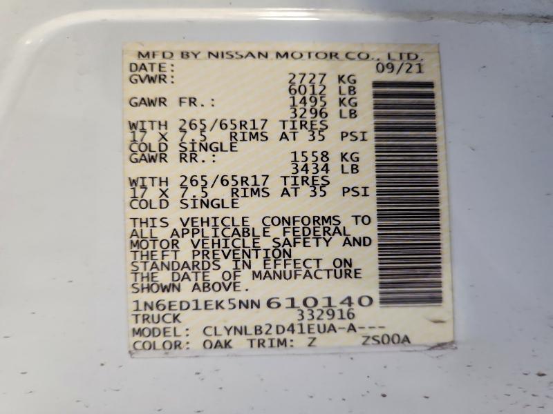 63866026 :رقم المزاد ، 1N6ED1EK5NN610140 vin ، 2022 Nissan Frontier مزاد بيع