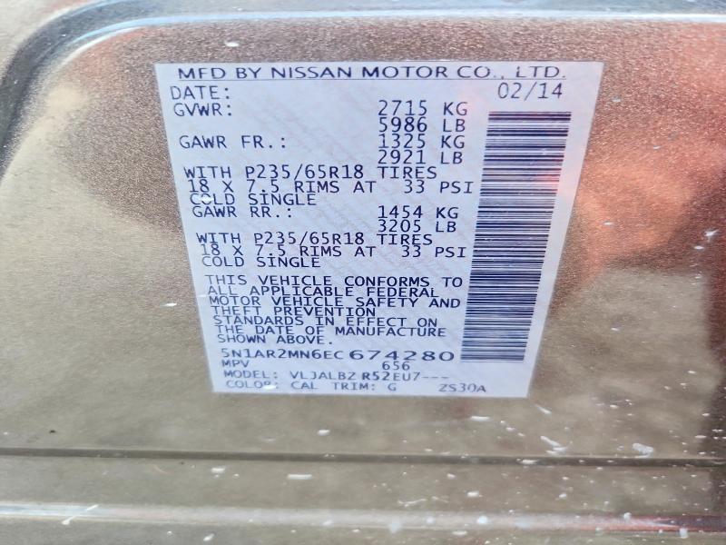 64756276 :رقم المزاد ، 5N1AR2MN6EC674280 vin ، 2014 Nissan Pathfinder مزاد بيع