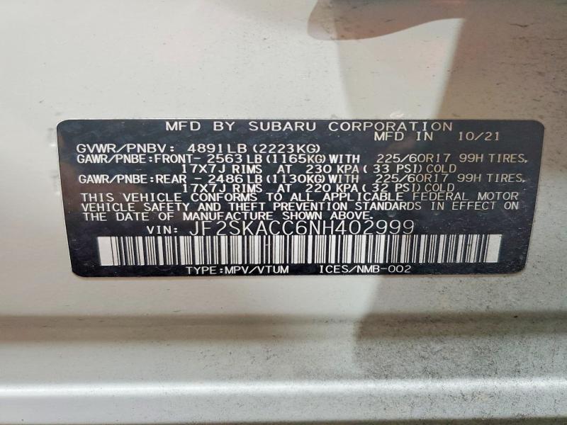 66707466 :رقم المزاد ، JF2SKACC6NH402999 vin ، 2022 Subaru Forester مزاد بيع