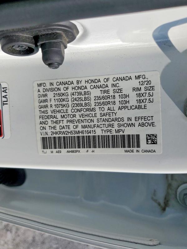 2021 Honda Cr-v მანქანა იყიდება აუქციონზე, vin: 2HKRW2H53MH616415, აუქციონის ნომერი: 66942536