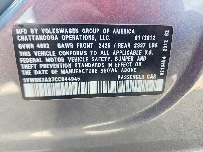 2012 Volkswagen Passat მანქანა იყიდება აუქციონზე, vin: 1VWBN7A37CC044945, აუქციონის ნომერი: 64754306