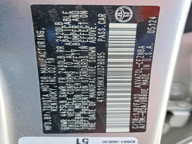 2018 Toyota Camry მანქანა იყიდება აუქციონზე, vin: 4T1B11HK8JU078095, აუქციონის ნომერი: 64470666