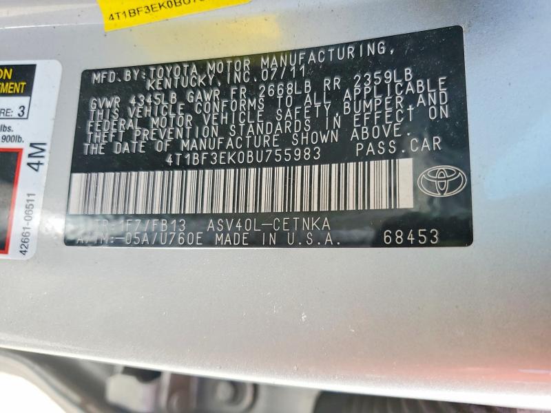 66593186 :رقم المزاد ، 4T1BF3EK0BU755983 vin ، 2011 Toyota Camry مزاد بيع