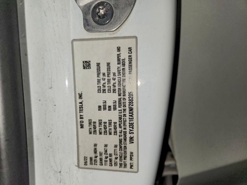65931276 :رقم المزاد ، 5YJ3E1EAXNF288205 vin ، 2022 Tesla Model 3 مزاد بيع