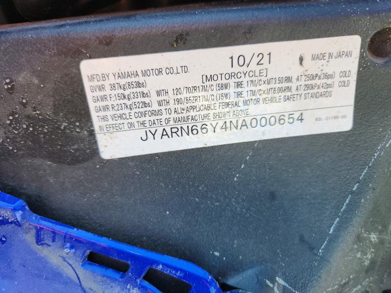Aukcja sprzedaży 2022 Yamaha Yzfr1, vin: JYARN66Y4NA000654, numer aukcji: 66466416