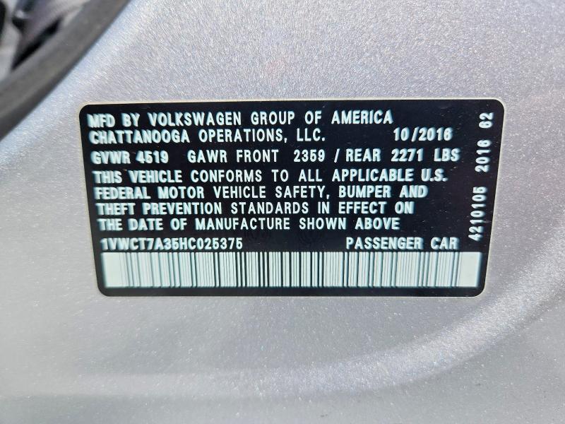 Продажа на аукционе авто 2017 Volkswagen Passat, vin: 1VWCT7A35HC025375, номер лота: 64938376