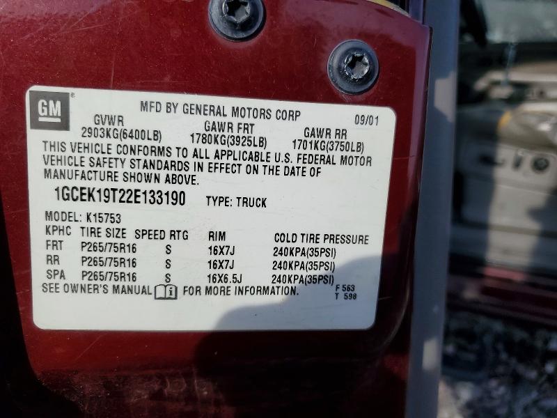 65364106 :رقم المزاد ، 1GCEK19T22E133190 vin ، 2002 Chevrolet Silverado مزاد بيع