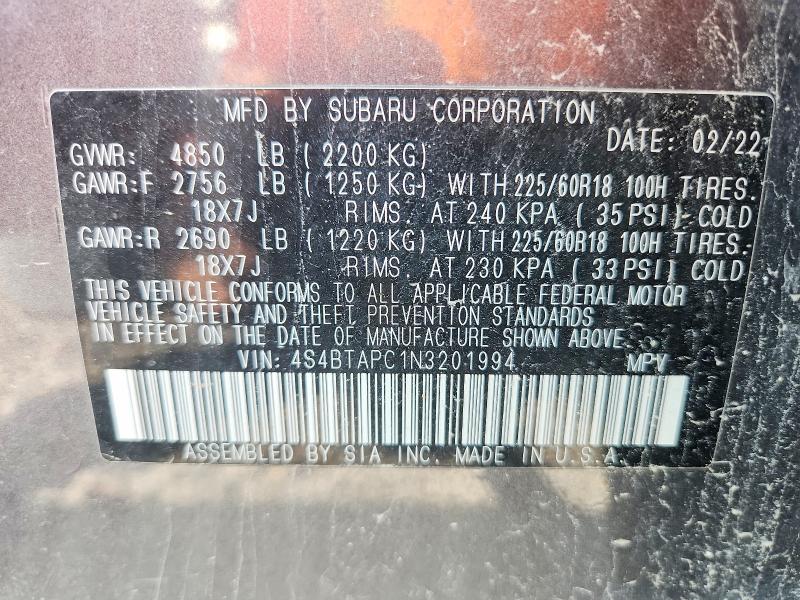 66031356 :رقم المزاد ، 4S4BTAPC1N3201994 vin ، 2022 Subaru Outback مزاد بيع