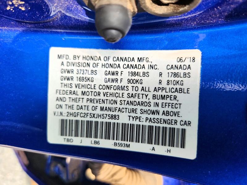 Продаж на аукціоні авто 2018 Honda Civic, vin: 2HGFC2F5XJH575883, номер лоту: 64364026
