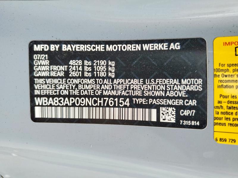 2022 Bmw M440i მანქანა იყიდება აუქციონზე, vin: WBA83AP09NCH76154, აუქციონის ნომერი: 63748576