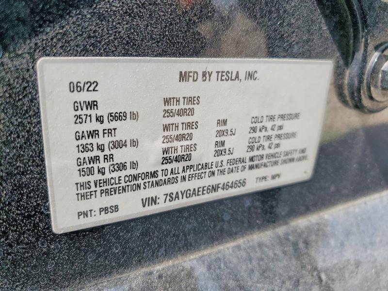 2022 Tesla Model Y მანქანა იყიდება აუქციონზე, vin: 7SAYGAEE6NF464656, აუქციონის ნომერი: 63446096