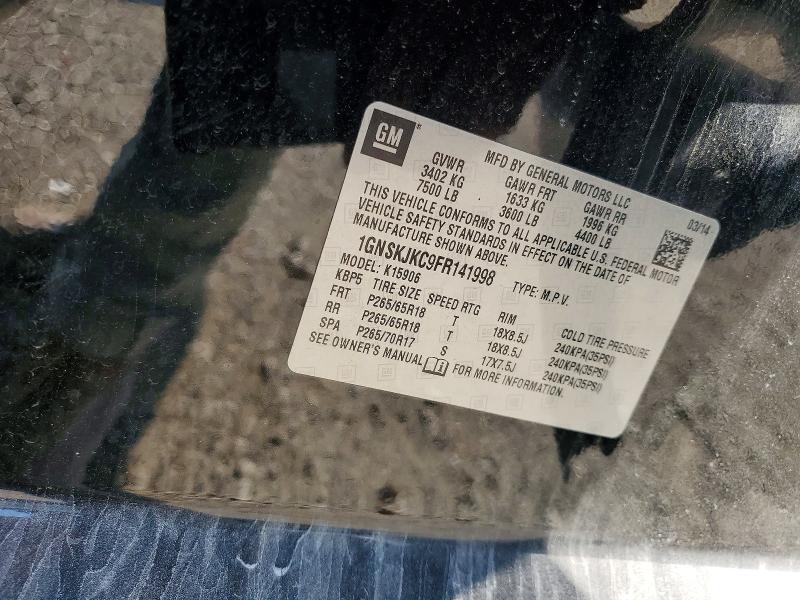2015 Chevrolet Suburban მანქანა იყიდება აუქციონზე, vin: 1GNSKJKC9FR141998, აუქციონის ნომერი: 66440976