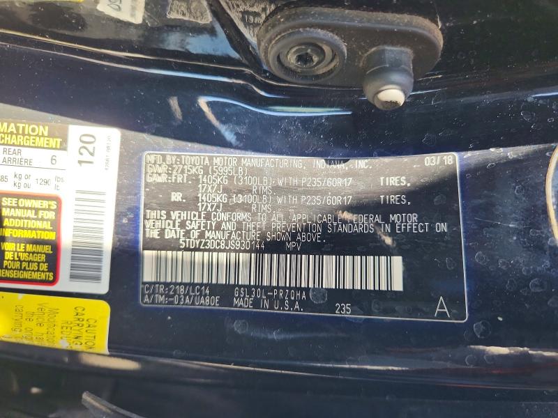 66824246 :رقم المزاد ، 5TDYZ3DC8JS930144 vin ، 2018 Toyota Sienna مزاد بيع