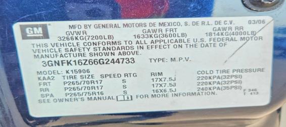 2006 Chevrolet Suburban მანქანა იყიდება აუქციონზე, vin: 3GNFK16Z66G244733, აუქციონის ნომერი: 61647306