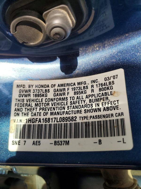 66594656 :رقم المزاد ، 1HGFA16817L089582 vin ، 2007 Honda Civic مزاد بيع