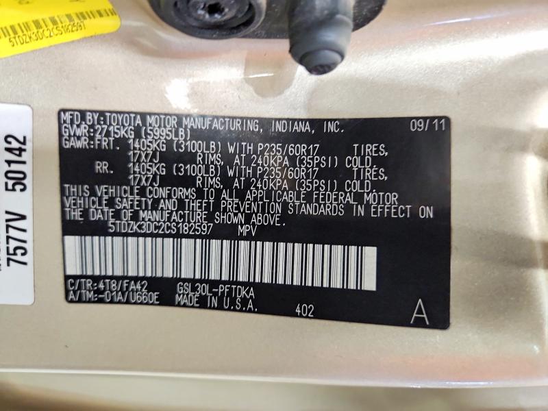 Продаж на аукціоні авто 2012 Toyota Sienna, vin: 5TDZK3DC2CS182597, номер лоту: 64983446