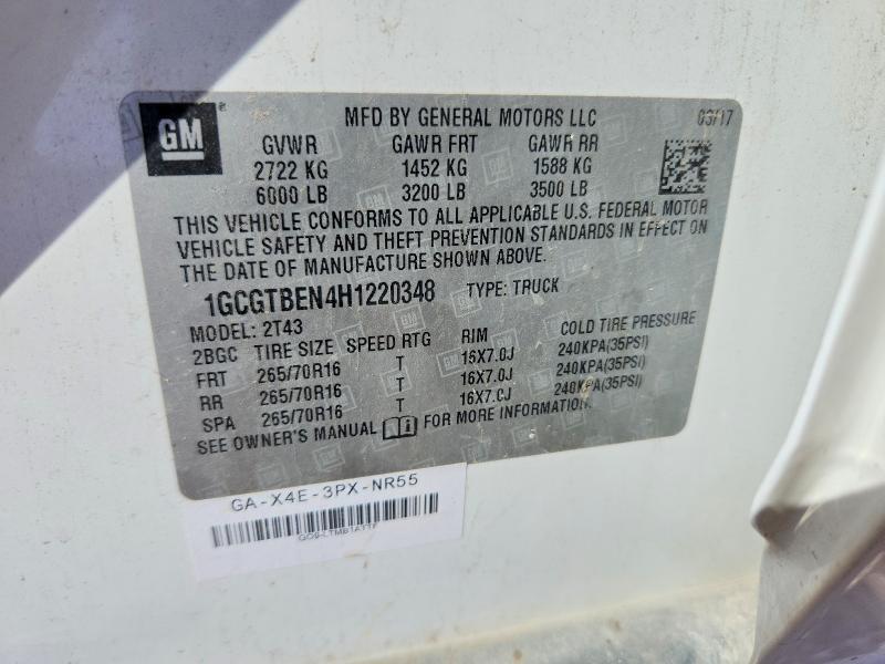 2017 Chevrolet Colorado მანქანა იყიდება აუქციონზე, vin: 1GCGTBEN4H1220348, აუქციონის ნომერი: 65452296