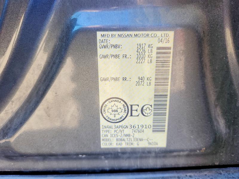 2016 Nissan Altima მანქანა იყიდება აუქციონზე, vin: 1N4AL3AP6GN361910, აუქციონის ნომერი: 65514326