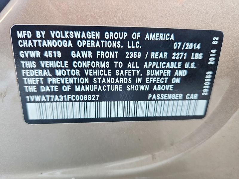 2015 Volkswagen Passat მანქანა იყიდება აუქციონზე, vin: 1VWAT7A31FC006827, აუქციონის ნომერი: 64641626