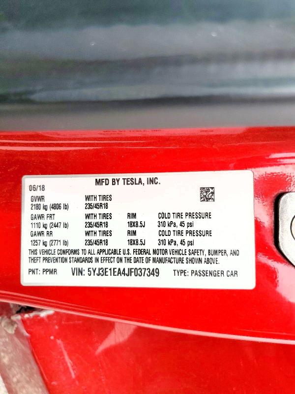 Продаж на аукціоні авто 2018 Tesla Model 3, vin: 5YJ3E1EA4JF037349, номер лоту: 67034556
