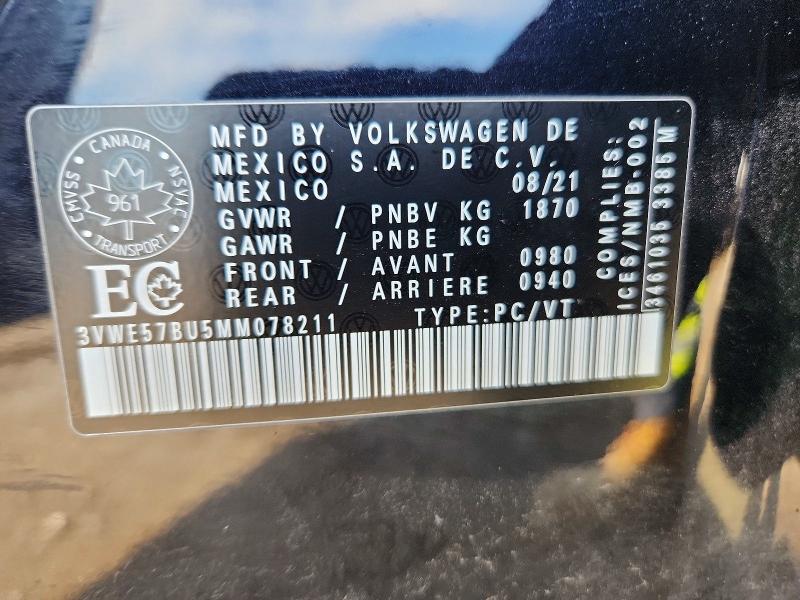 Aukcja sprzedaży 2021 Volkswagen Jetta, vin: 3VWE57BU5MM078211, numer aukcji: 64806416