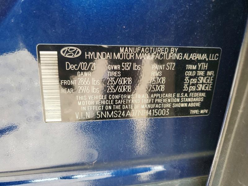2022 Hyundai Santa Fe მანქანა იყიდება აუქციონზე, vin: 5NMS24AJ7NH415003, აუქციონის ნომერი: 64270506