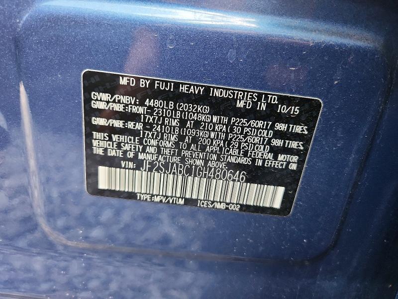 2016 Subaru Forester მანქანა იყიდება აუქციონზე, vin: JF2SJABC1GH480646, აუქციონის ნომერი: 66241576